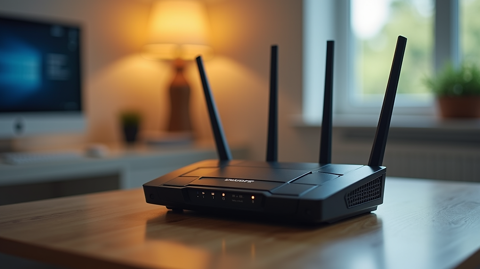 Black Wi-Fi router with four antennas on a wooden table. A lit lamp and computer screen appear softly blurred in the cozy room background.