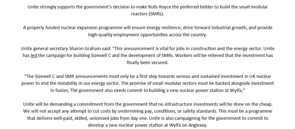 UNITE - WELCOMES GOVERNMENT ANNOUNCEMENT AFTER LEADING THE CAMPAIGN FOR BUILDING & DEVELOPMENT 