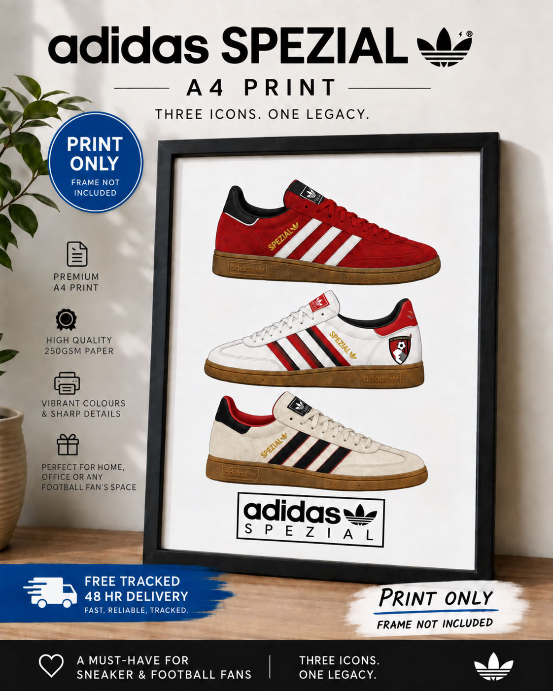 Bournemouth Football Trainer Print. Red Black & White Sneaker Wall Art