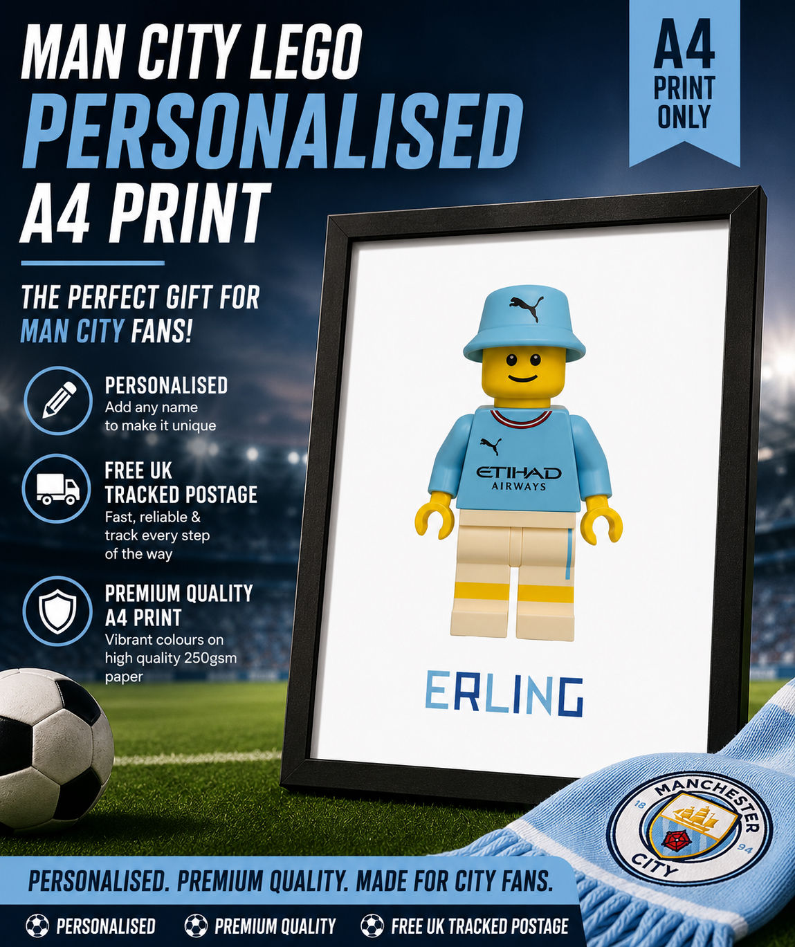 Personalised Man City Fan Wall Art Print – Brick Style Football Print (A4)