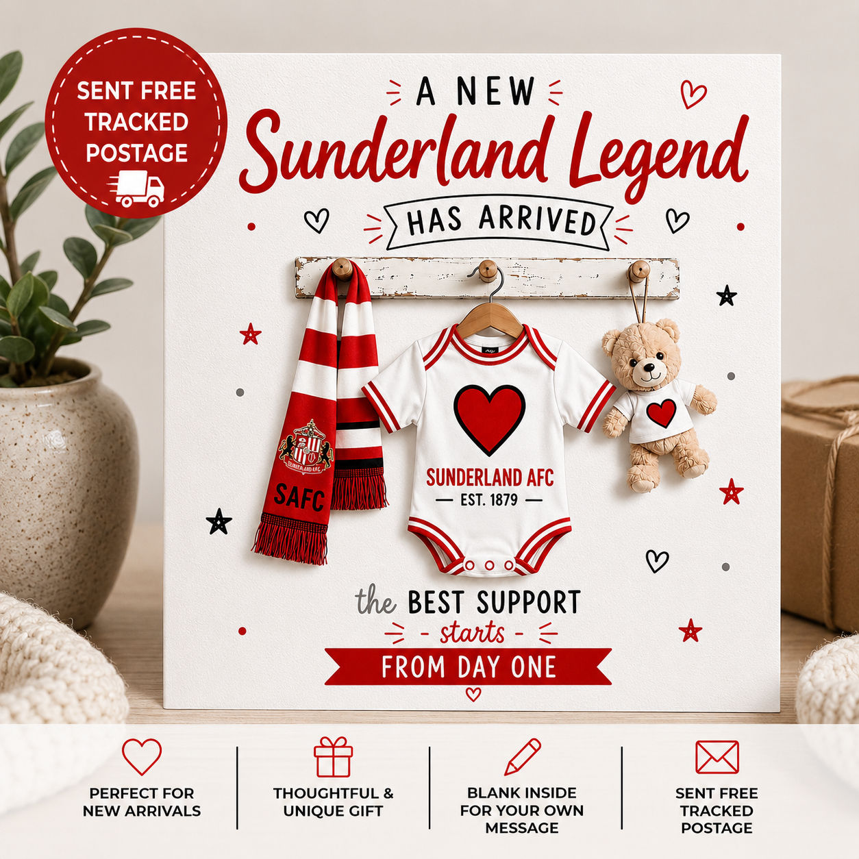 Sunderland football new baby card (teddy)