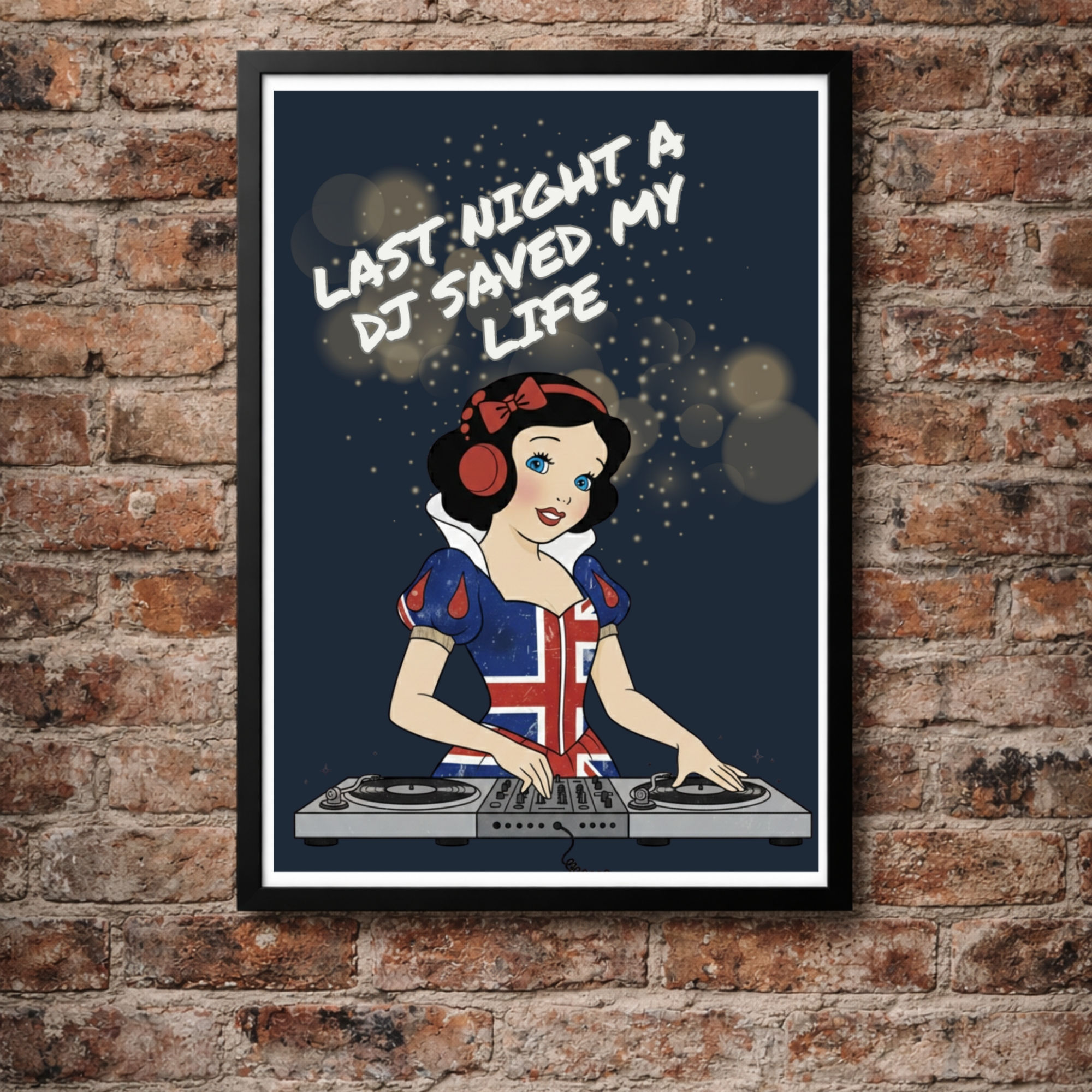 Snow White DJ art print featuring a fairytale character wearing headphones and DJing on turntables with the text “Last Night