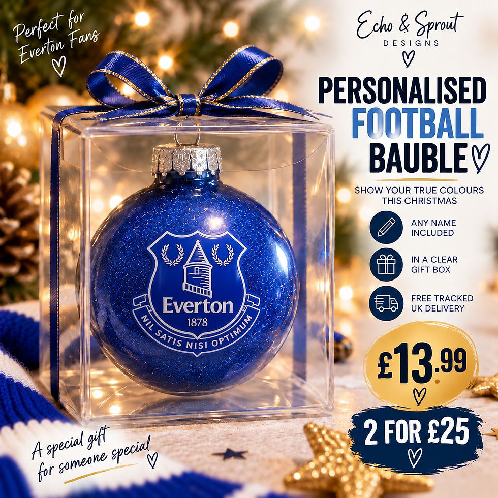Personalised Everton football Christmas bauble in blue, presented in a clear gift box
