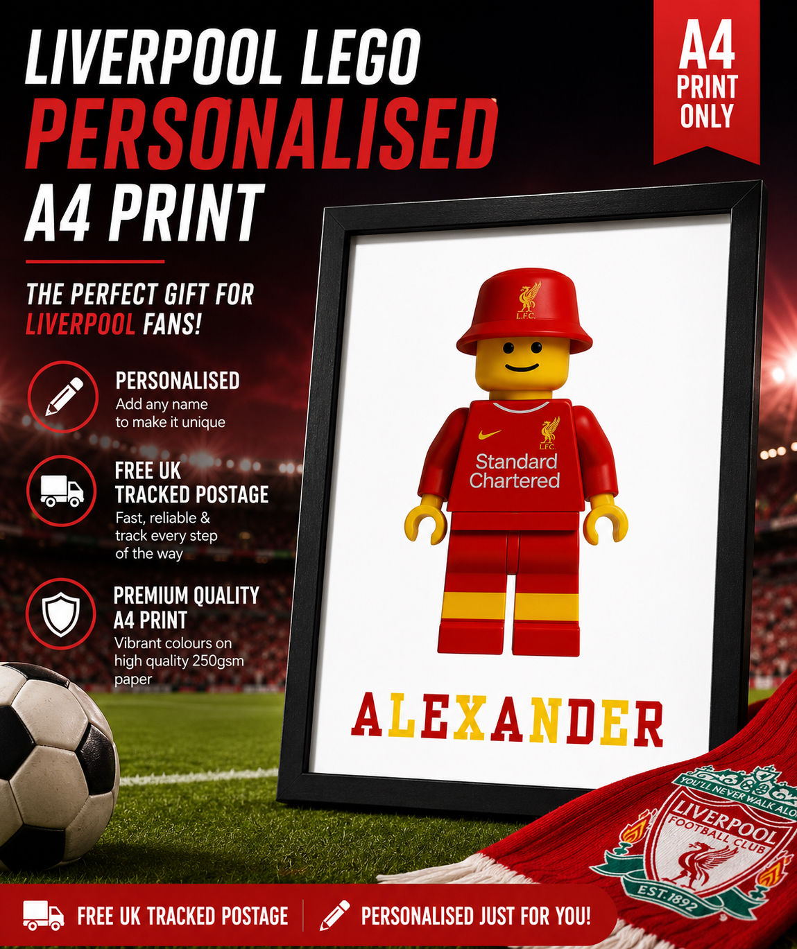 Personalised Liverpool Fan Wall Art Print – Brick Style Football Print (A4)