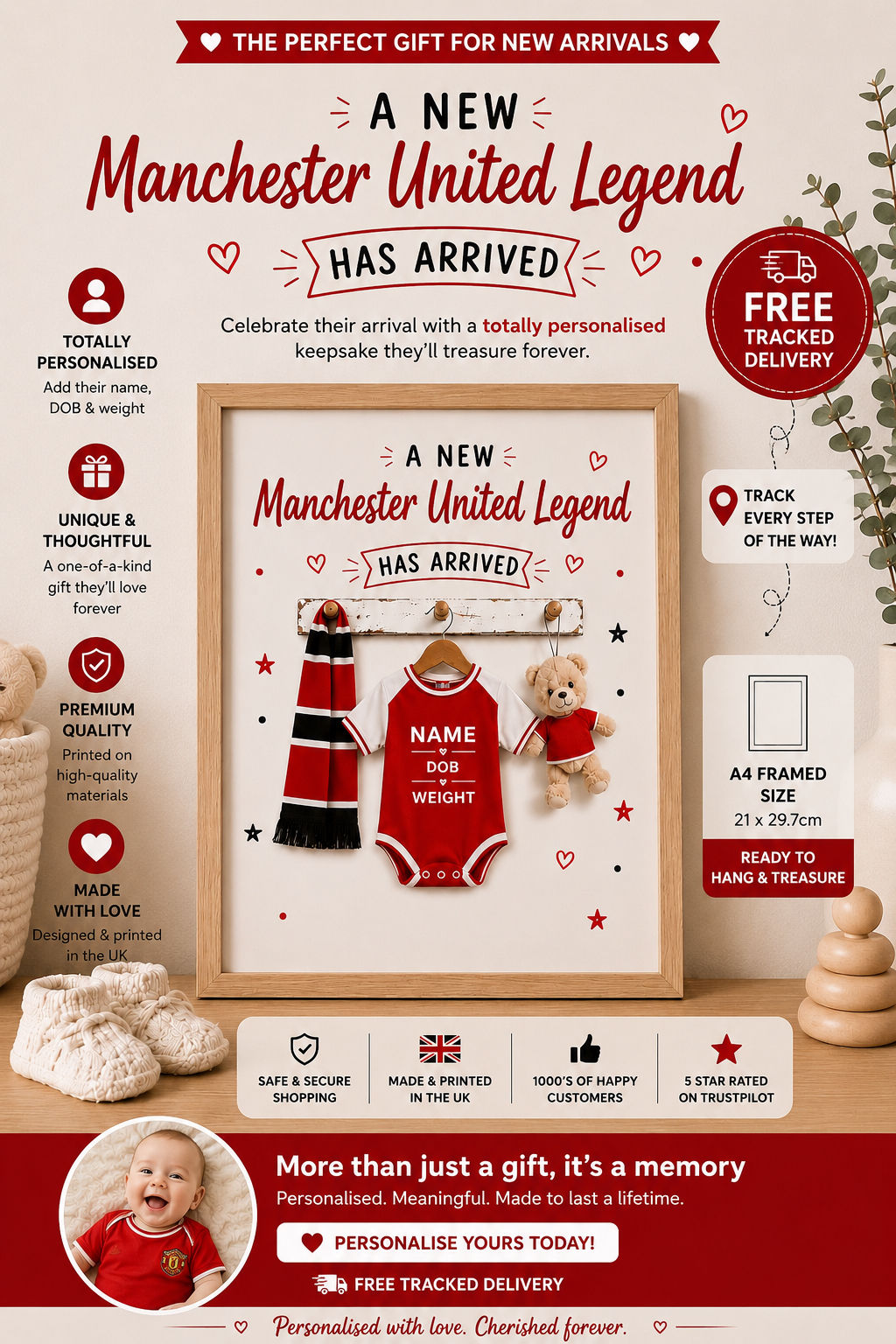 Personalised Manchester United New Baby Gift | Framed Nursery Print | New Manche