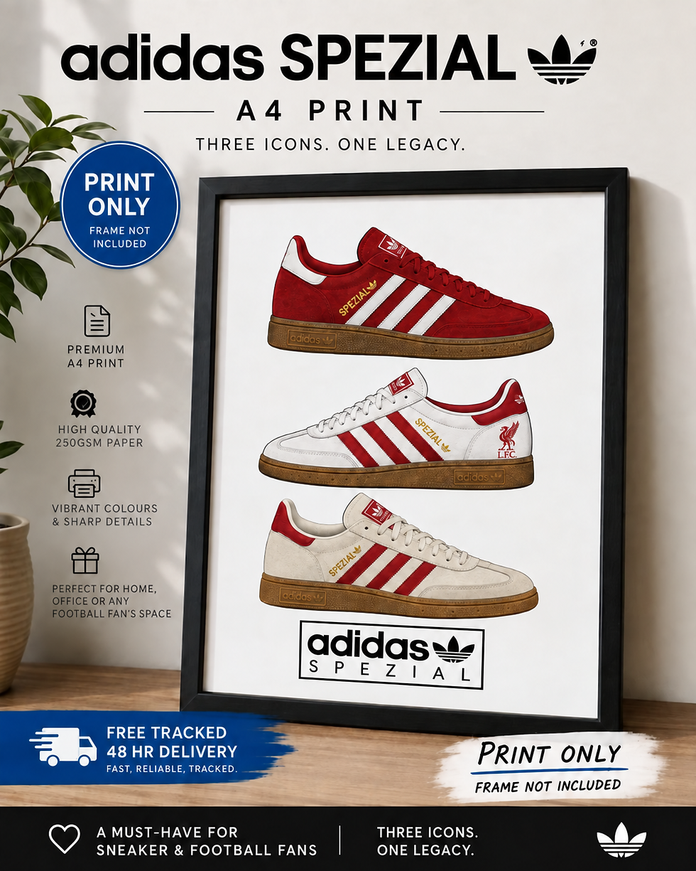 Liverpool football trainer A4 print mockup featuring three red and white retro trainers in a black frame