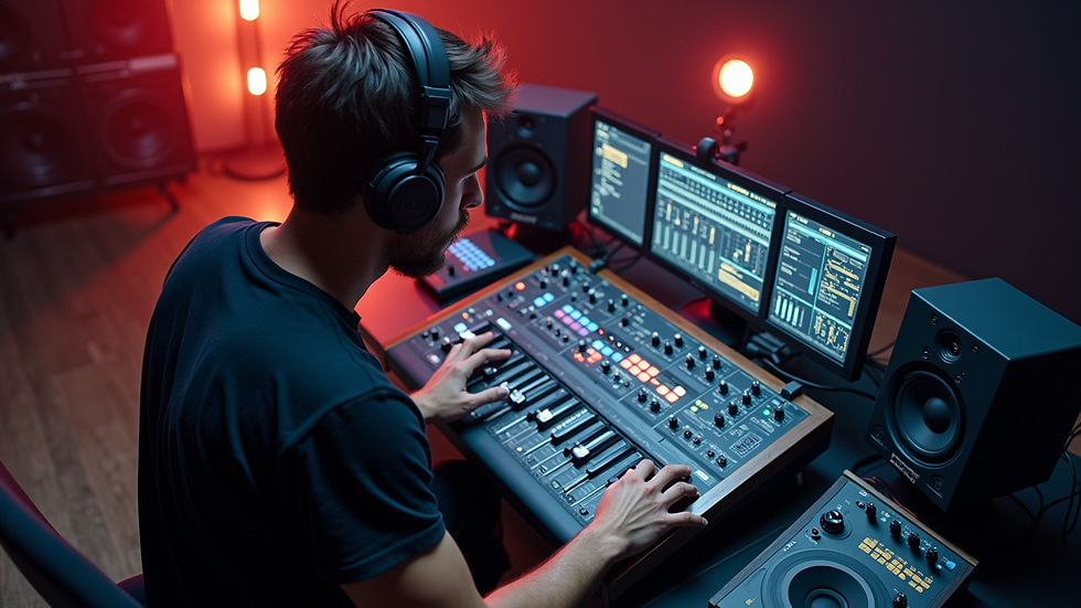 High angle view of a musician mixing music on a digital audio workstation