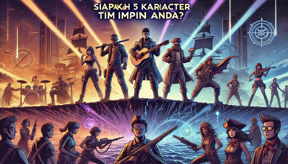 Lima karakter dengan gaya unik, seperti kru One Piece dan band rock, berdiri bersama di depan latar belakang penuh aksi.
