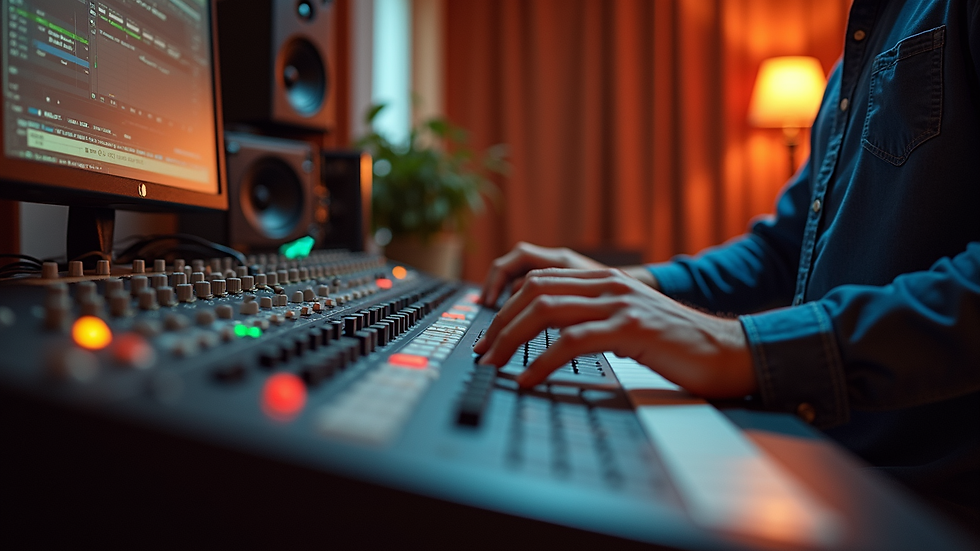 Eye-level view studio rekaman dengan peralatan mixing dan soundboard