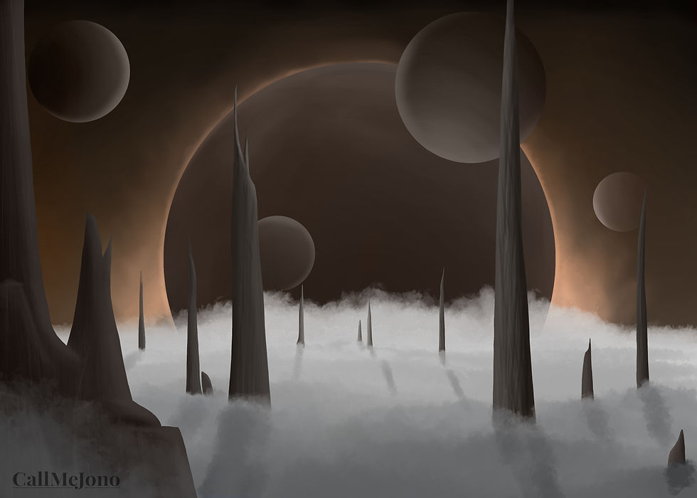 Digital artwork that includes multiple large and small dark planets, and towering sharp rock pillars over a bed of fog.