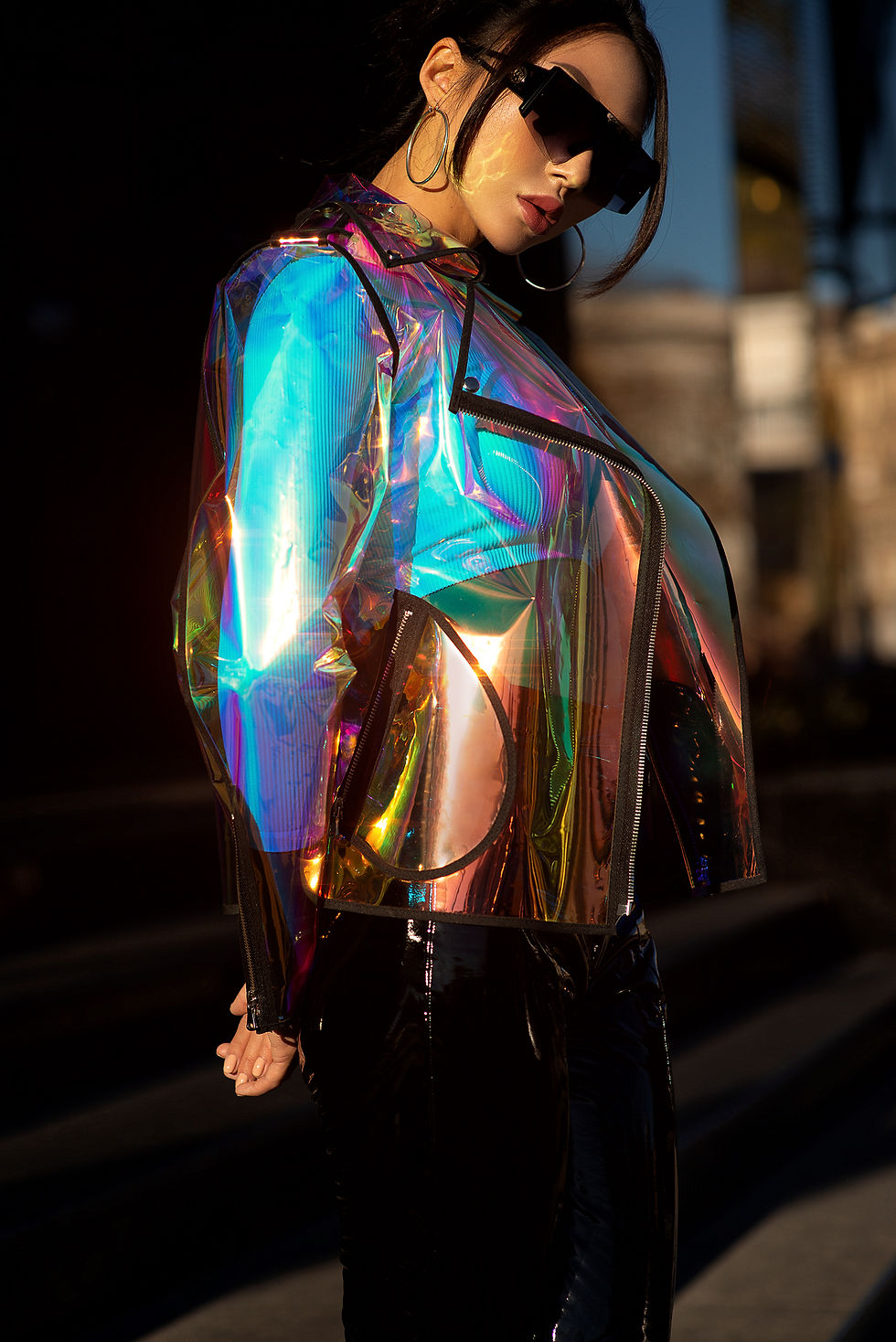 Thumbnail: New woman's Iridiscent rainbow biker jacket made of TPU. A great high fashion jacket. A gift for her