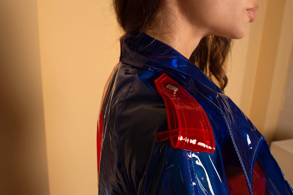 Thumbnail: Sexy trench coat in the style of Harley Quinn. Vinyl women's raincoat