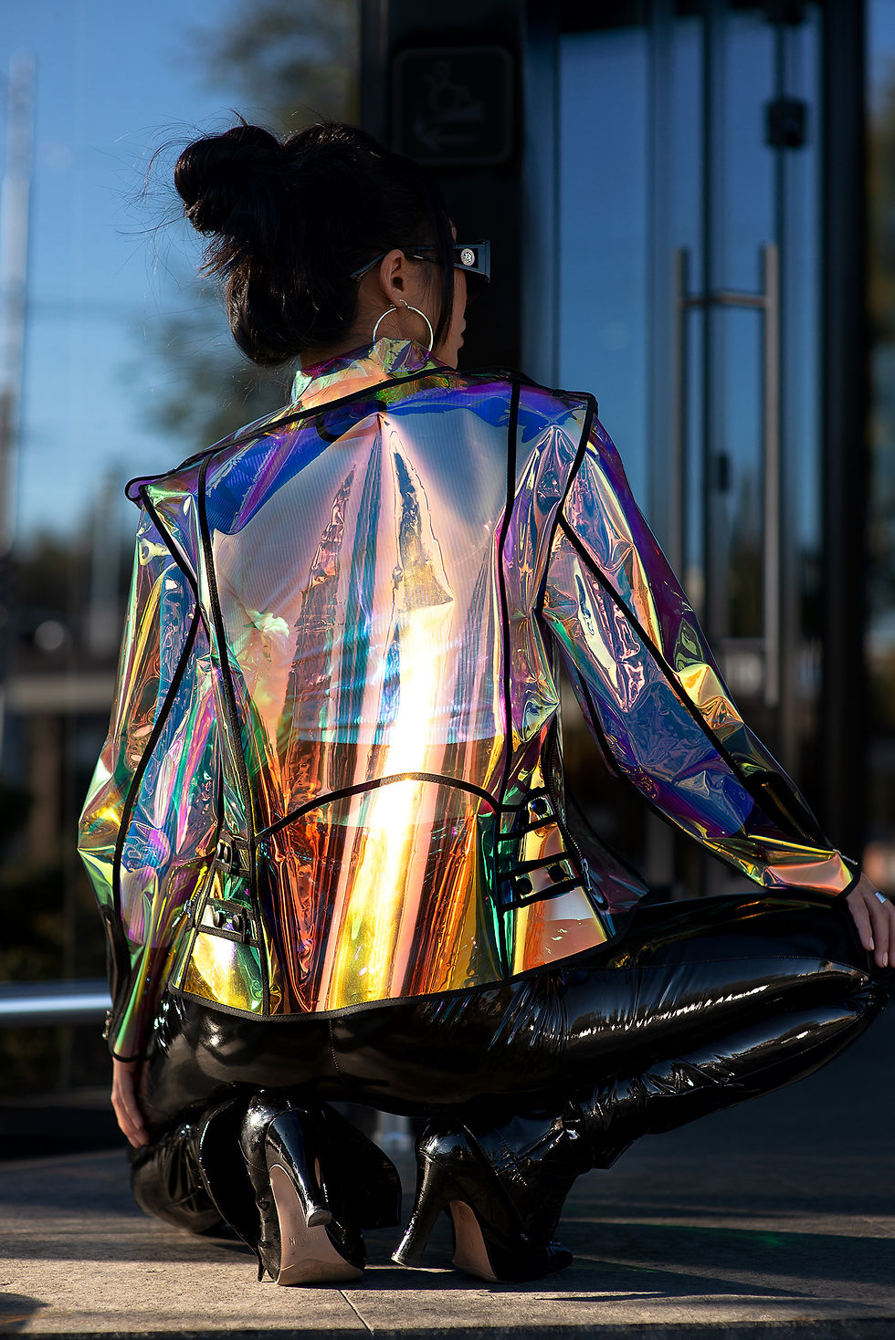 Thumbnail: New woman's Iridiscent rainbow biker jacket made of TPU. A great high fashion jacket. A gift for her