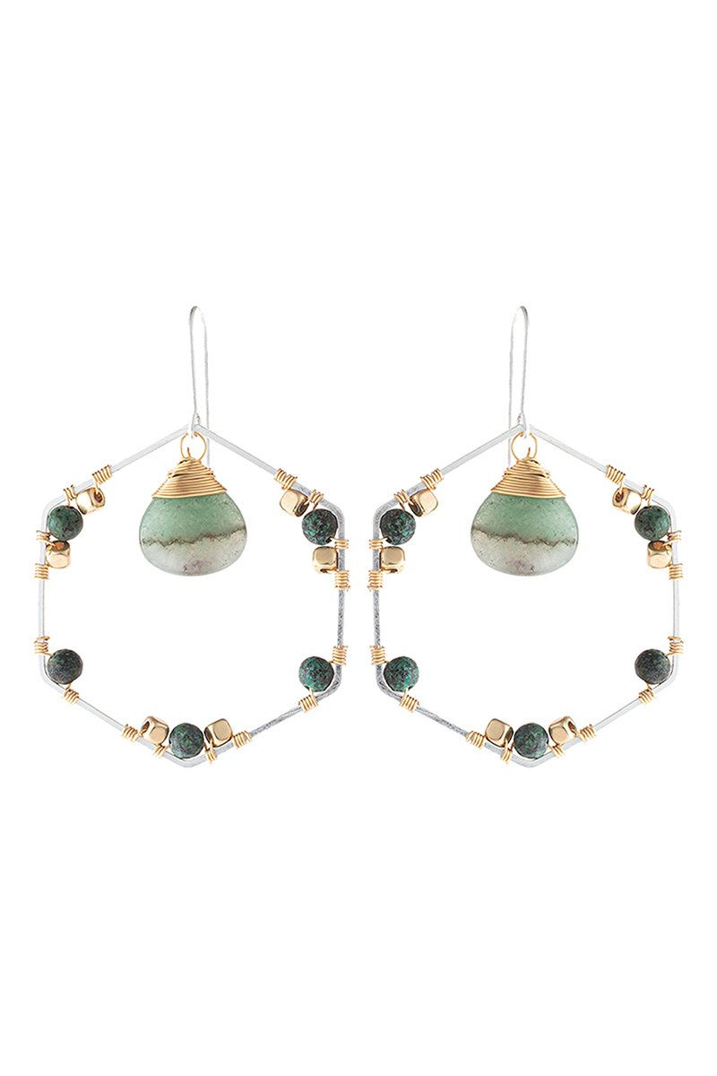 Hde3101 - Natural Stone Beaded Hexagon Drop Earrings