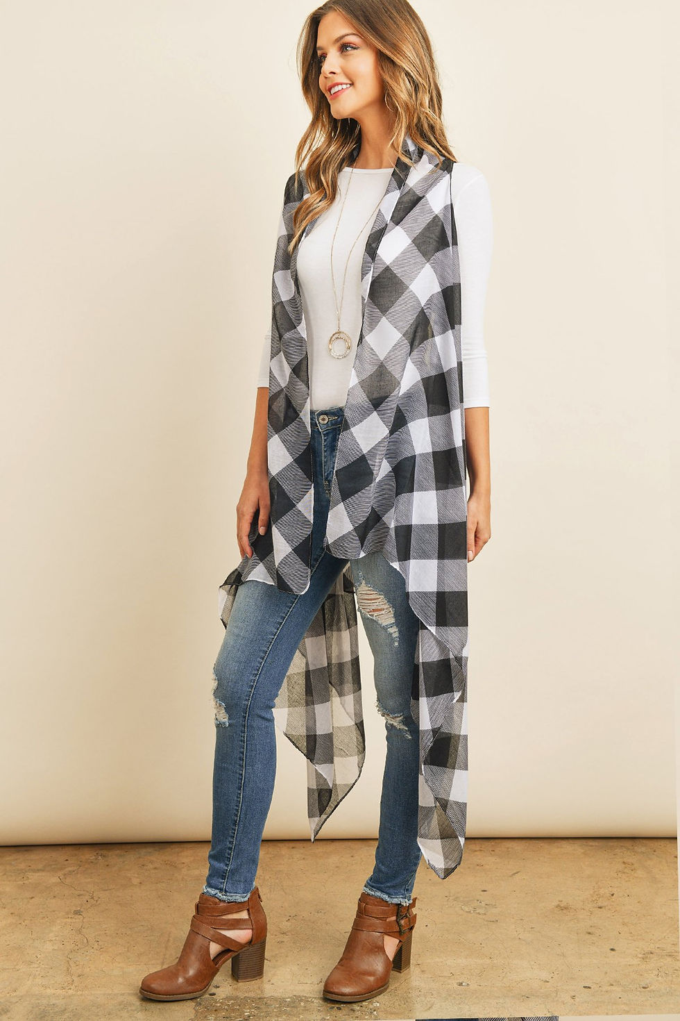 Miniature : Hdf2567bk - Black Plaid Knee Length Kimono Cardigan