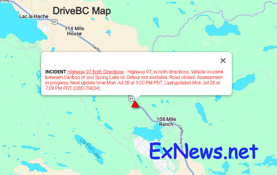 July 28, 2025 – 108 Mile Ranch, B.C. – Emergency responders are on the scene of a serious motor vehicle incident (MVI) along Highway 97 near 108 Mile on Monday evening.