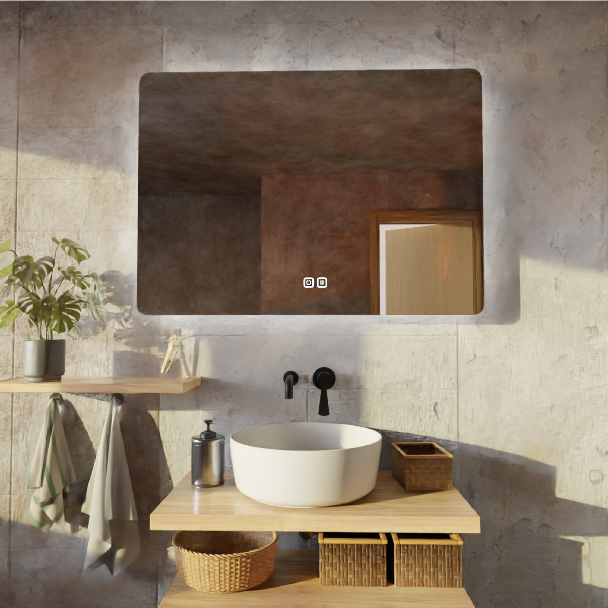 Buğu Çözücülü, Dokunmatik Tuşlu, LED Işıklı Dikdörtgen Banyo Aynası | Kumlamasız