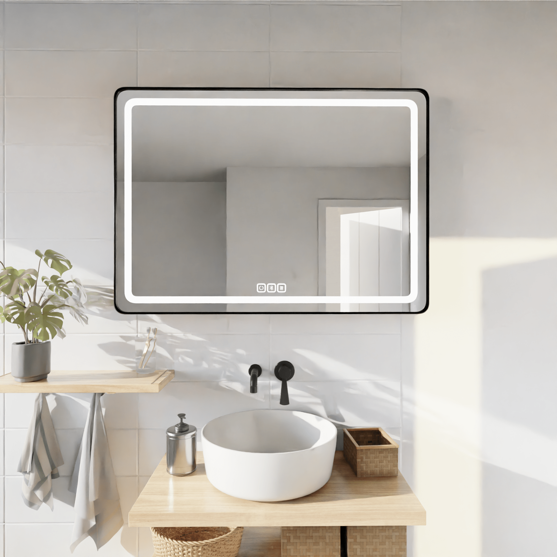 Bluetoothlu, Buğu Çözücülü,Dokunmatik Tuşlu ve Çerçeveli Dikdörtgen Banyo Aynası