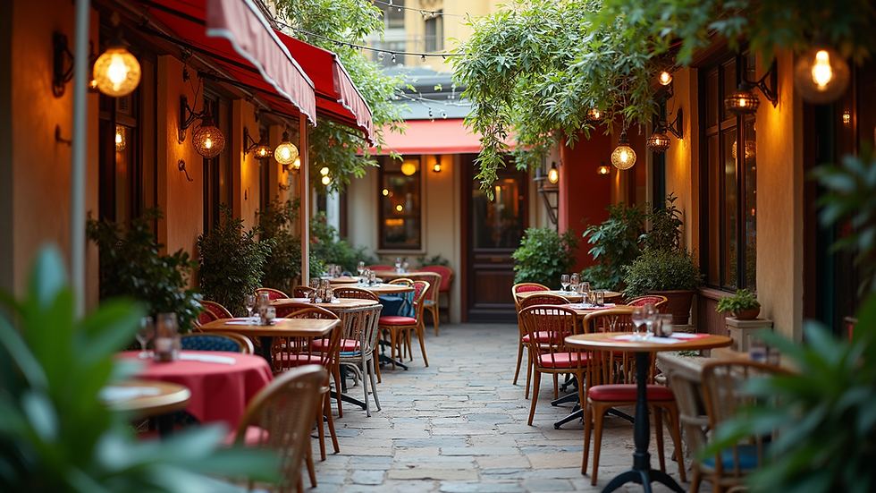 Eye-level view of a cozy restaurant terrace with colorful decor