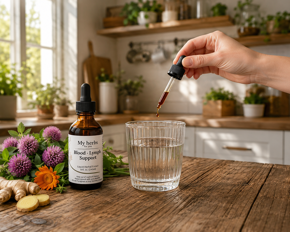 High angle view of a glass of herbal tea with tincture bottle and fresh herbs on a table