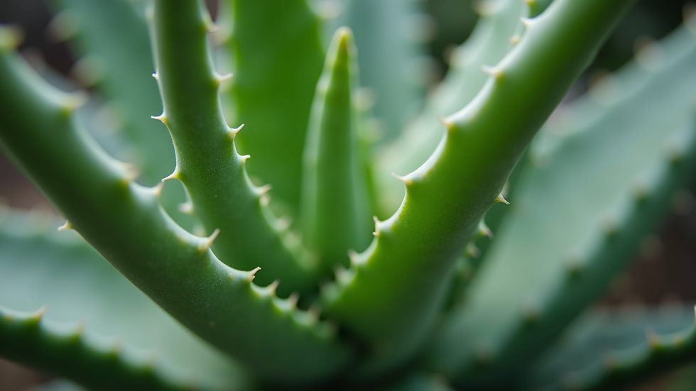 Eye-level view of aloe vera plant with thick green leaves