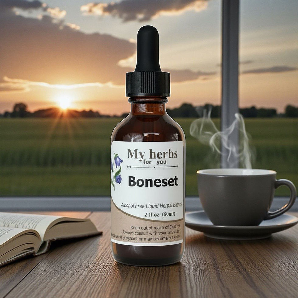 Boneset Herbal Extract, (Alcohol Free), Organic bottle, table, sunset background, My Herbs brand.