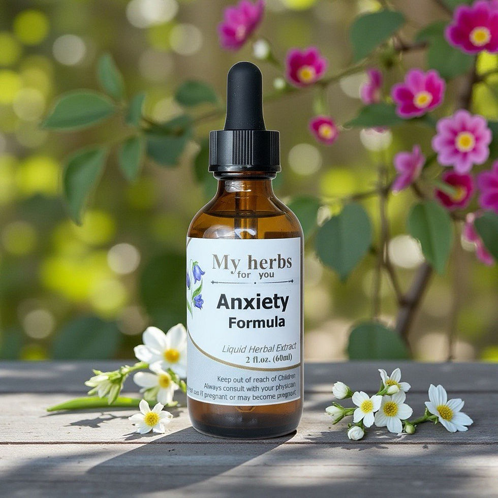 Bottle of My Herbs Anxiety Formula. GOLDENROD Tincture, Organic, with flowers on the table.