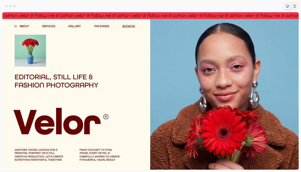 Velor photography portfolio website featuring editorial fashion portrait of a model holding red gerbera daisies against a blue backdrop