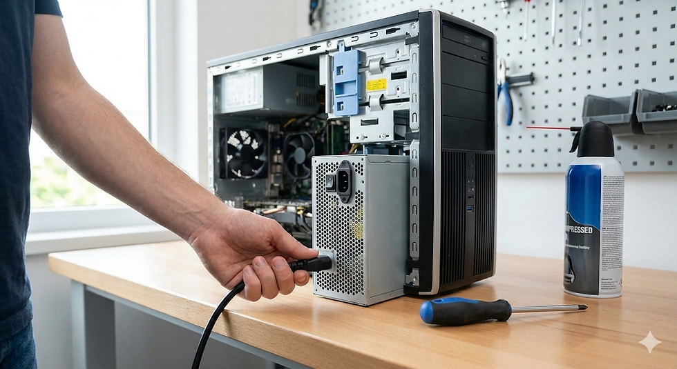 Person connecting a cable to an open computer tower on a wooden desk, with tools and a can of compressed air nearby. Workshop setting.