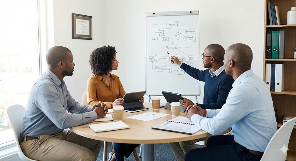 Four people in a meeting room discuss a flowchart on a whiteboard. They are seated around a wooden table with notebooks and coffee cups.