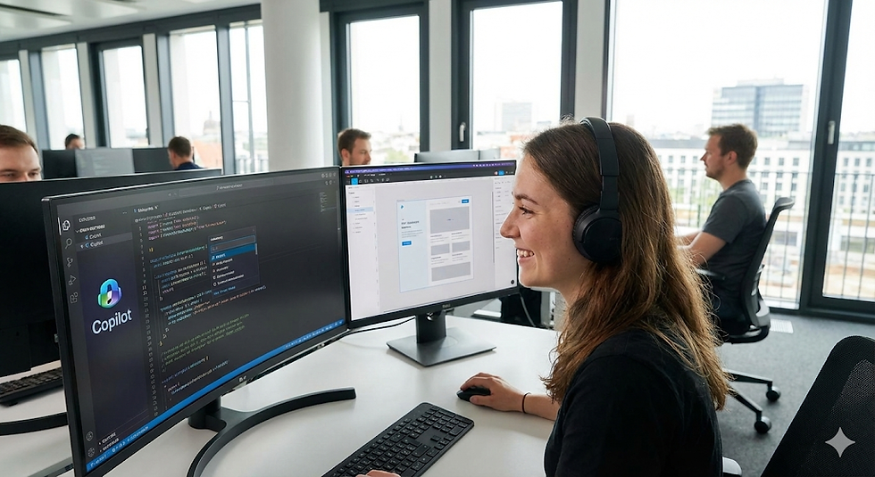 Woman with headphones smiling while coding on dual monitors in an office with large windows. Text "Copilot" visible on screen.