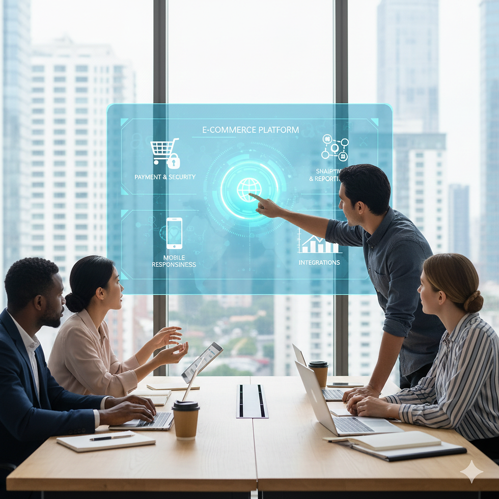 Business team in a modern office discusses a digital e-commerce platform on a interactive screen, with cityscape view in the background.