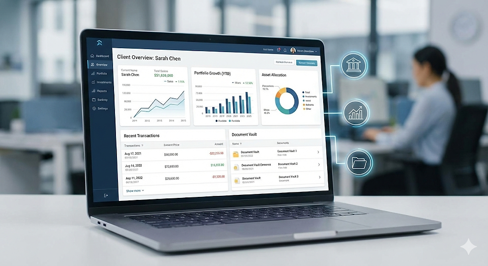 Laptop displaying financial dashboard with graphs and charts in office, blurred person working in background. Blue and gray interface.