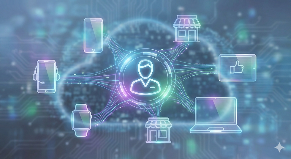 Digital network diagram with icons of a person, phone, smartwatch, laptop, store, and tablet on a blue circuit board background.