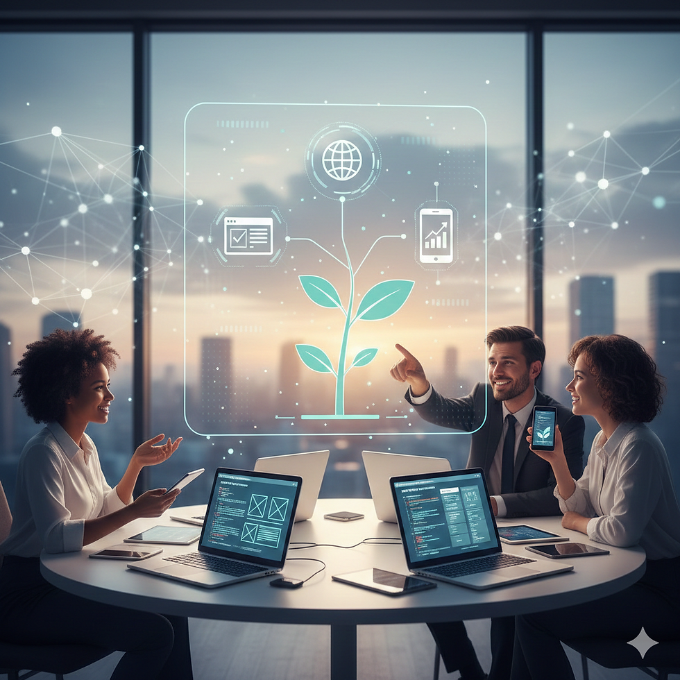People around a table with laptops, pointing at holographic plant icons. City skyline at sunset outside. Collaborative and innovative mood.