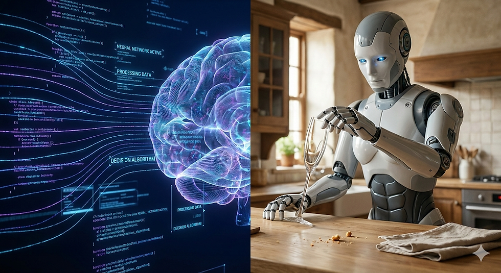 Digital brain with code on left; humanoid robot handling a glass in a kitchen on right. Tech meets everyday life, modern and futuristic.