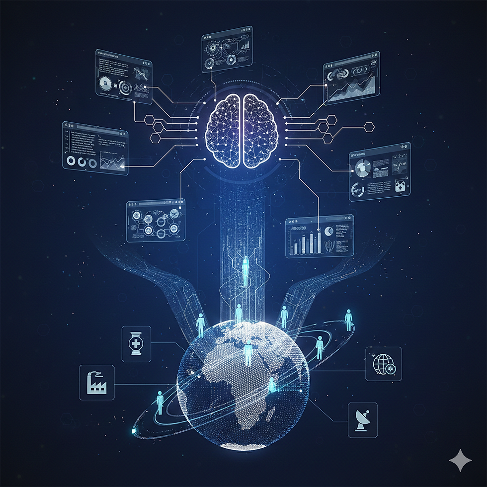 Digital brain connected to data screens hovers above Earth, surrounded by icons and figures, on a dark background, conveying technology.