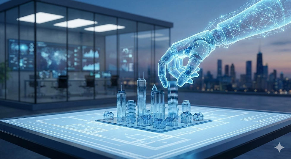 A digital hand adjusts a virtual city model on a high-tech table. Glass office and city skyline in background. Cool blue tones dominate.
