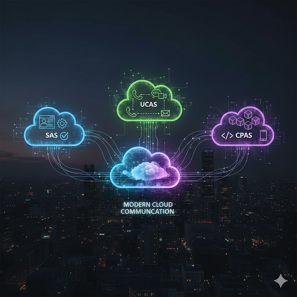 Glowing cloud icons labeled SAS, UCAS, and CPAS over a cityscape at night, connected by digital lines, symbolizing modern communication.