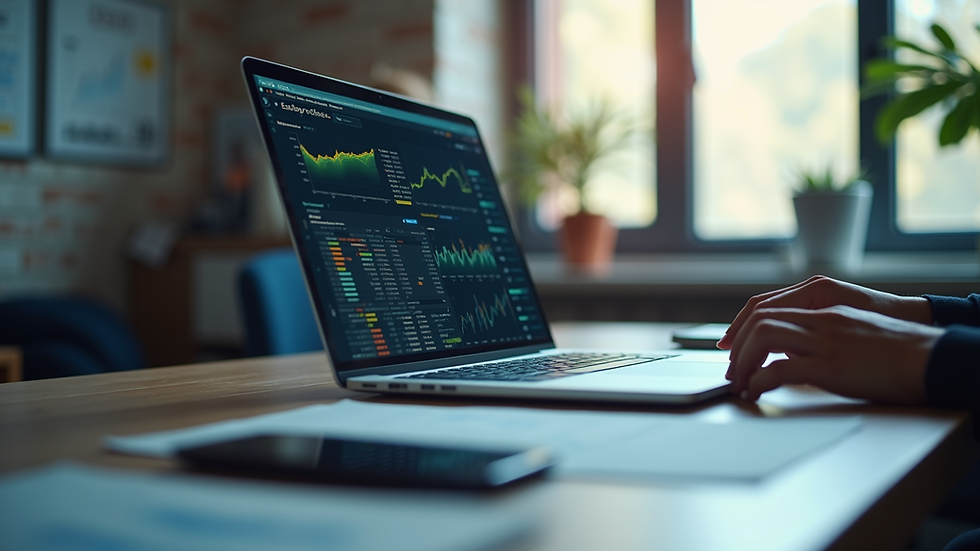 Eye-level view of a modern office desk with a laptop displaying data analytics