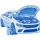 Dodge Charger with hood open, oil filter and fluid bottle representing vehicle maintenance in Salem and Keizer, Oregon.