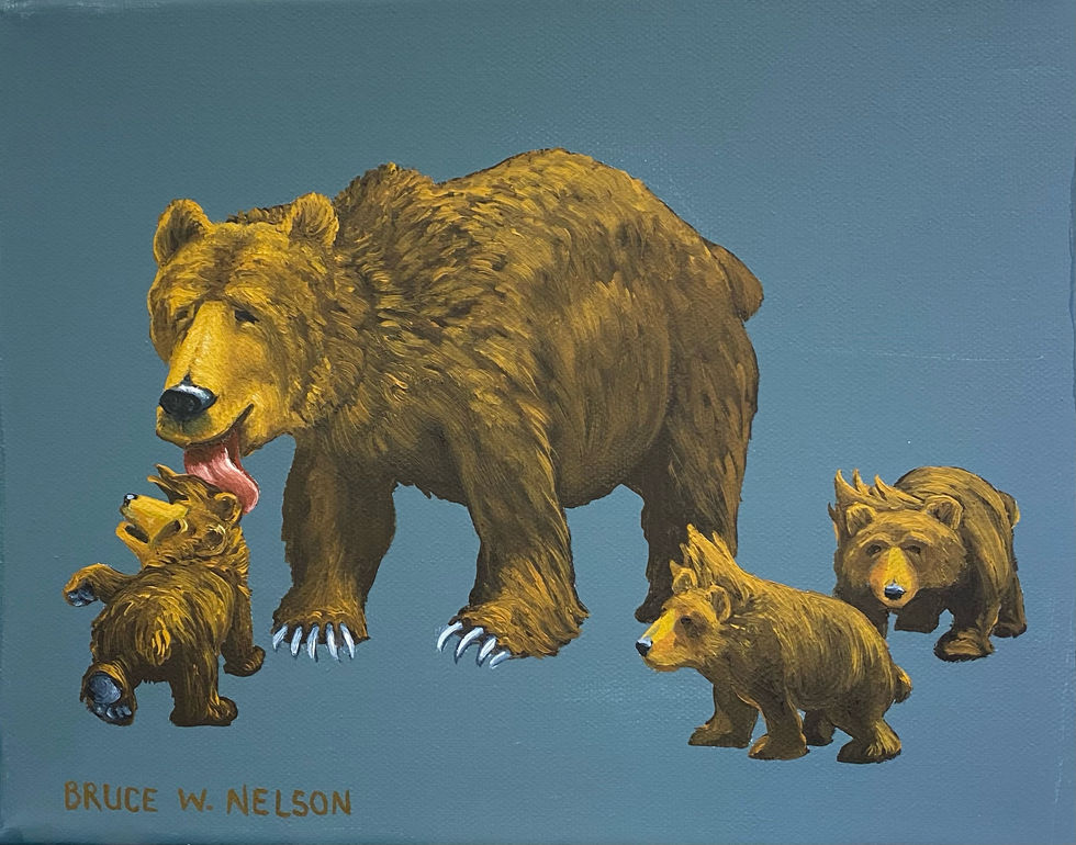 A mama bear gives her cubs a styling as she cleans them