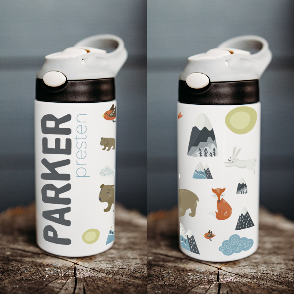 Personalized kids water bottle, mountain animals