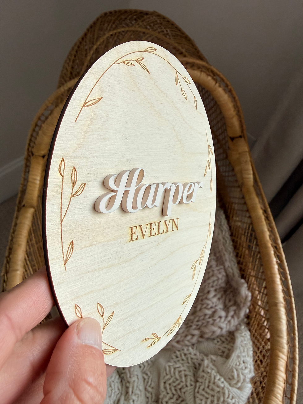 Thumbnail: Engraved Wooden Name Sign - Floral frame engraved sign