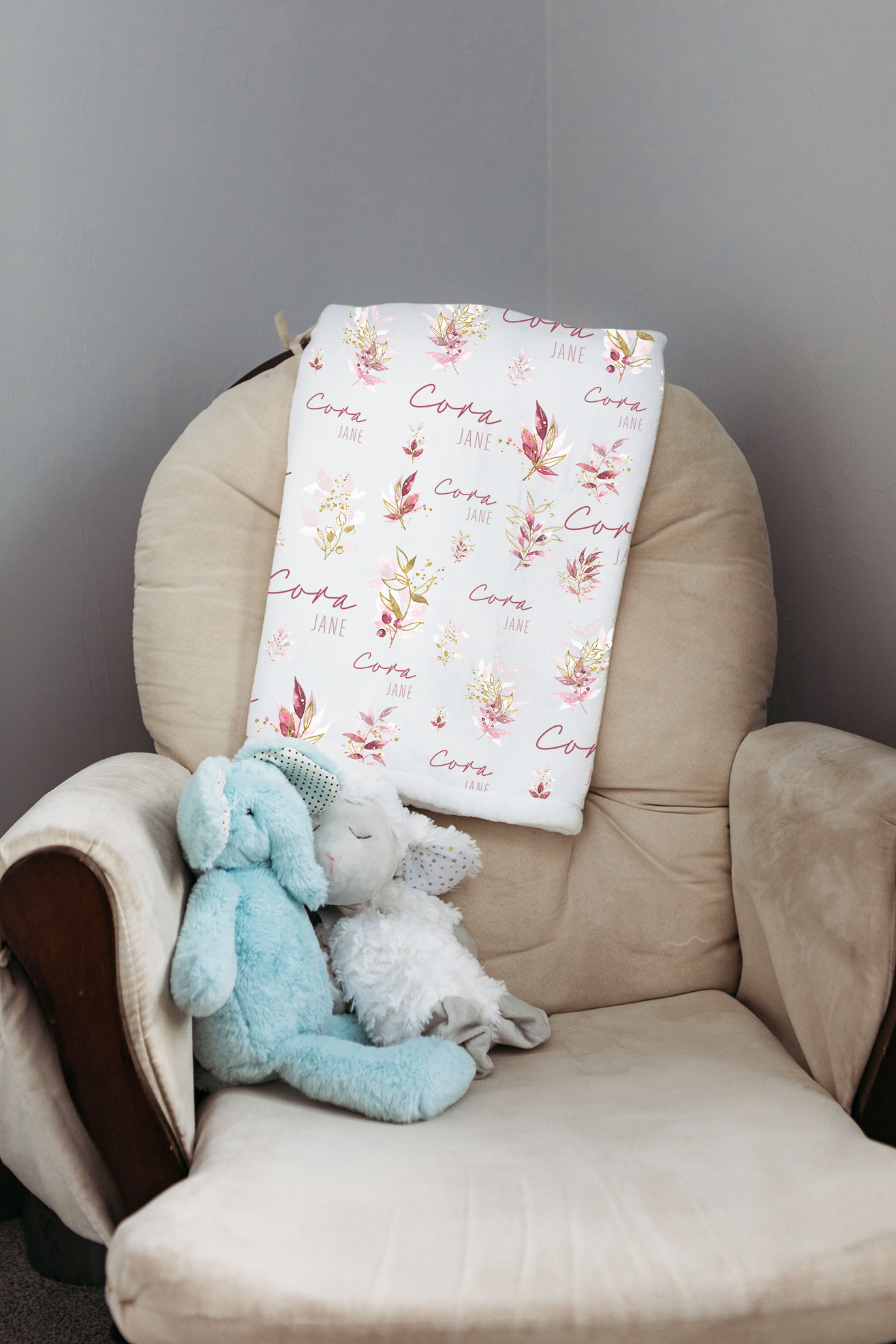 Custom Name Baby Blanket -  Gold & Pink Floral