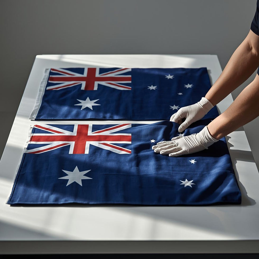 A respectful, professional scene showing a large Australian flag and a corporate flag gent