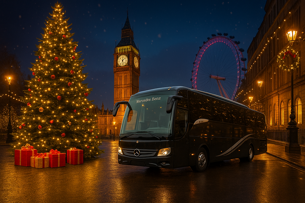 A decorated Christmas tree and gifts beside a Mercedes Benz bus at night. Big Ben and the London Eye are lit in the background. Festive mood.