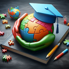 A imagem mostra um globo esférico colorido feito de peças de quebra-cabeça interligadas sendo segurado por duas mãos. O globo tem um chapéu de formatura azul em cima, simbolizando a educação. O globo e as mãos estão apoiados em um livro fechado, que está colocado sobre uma superfície escura. Ao redor do livro, há peças de quebra-cabeça espalhadas, um lápis, um lápis de cor vermelho e azul, e uma pequena ampulheta