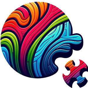 um círculo colorido com padrões curvos e entrelaçados, formando um visual dinâmico e vibrante. As cores variam entre vermelho, laranja, amarelo, verde, azul e roxo, criando um efeito de movimento. Há uma peça de quebra-cabeça destacada do lado direito inferior, que parece se encaixar no círculo, sugerindo que ele está incompleto. O design transmite uma sensação de criatividade, complexidade e conexão. É ideal para simbolizar temas de integração, diversidade e evolução contínua