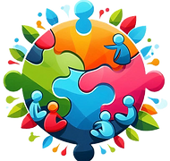 Ícone em formato globo composto por peças de quebra-cabeça coloridas e pessoas